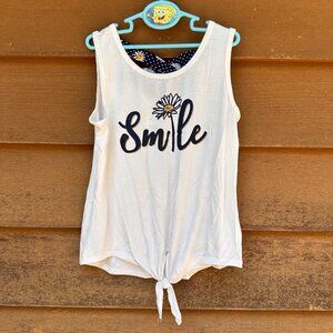 Lily Bleu White Sleeveless Tie-Front Tank Top With "Smile" Daisy Graphic Womens